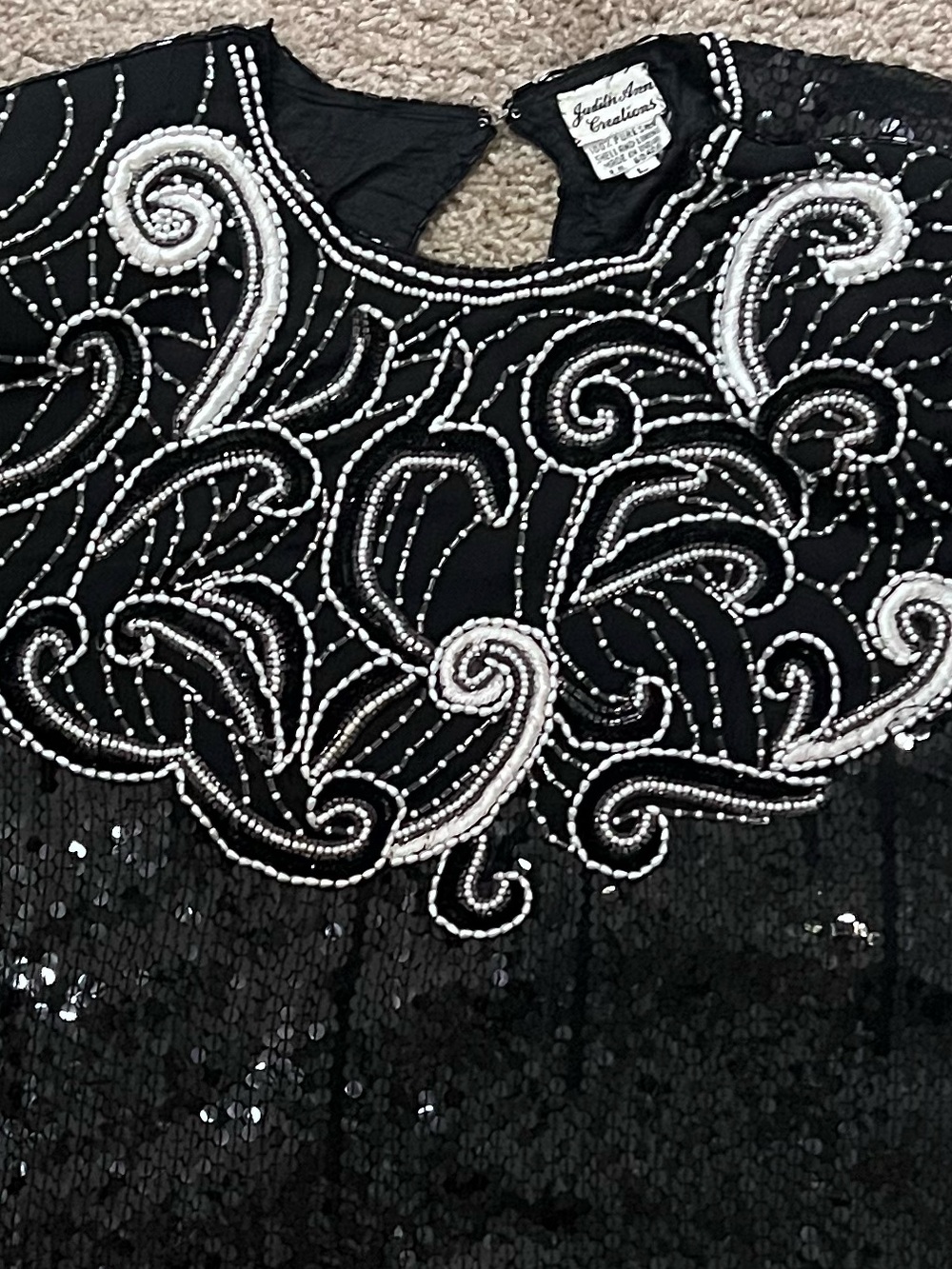 Judith Ann Creations Black Sequin Short-Sleeve Blouse with Silver Beadwork L